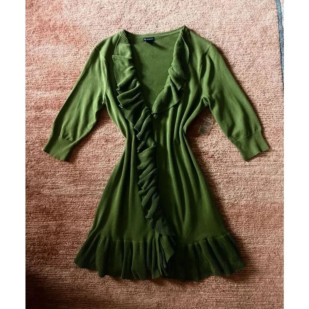 New Directions Green Ruffle Knit Cardigan Dress Size L Cotton